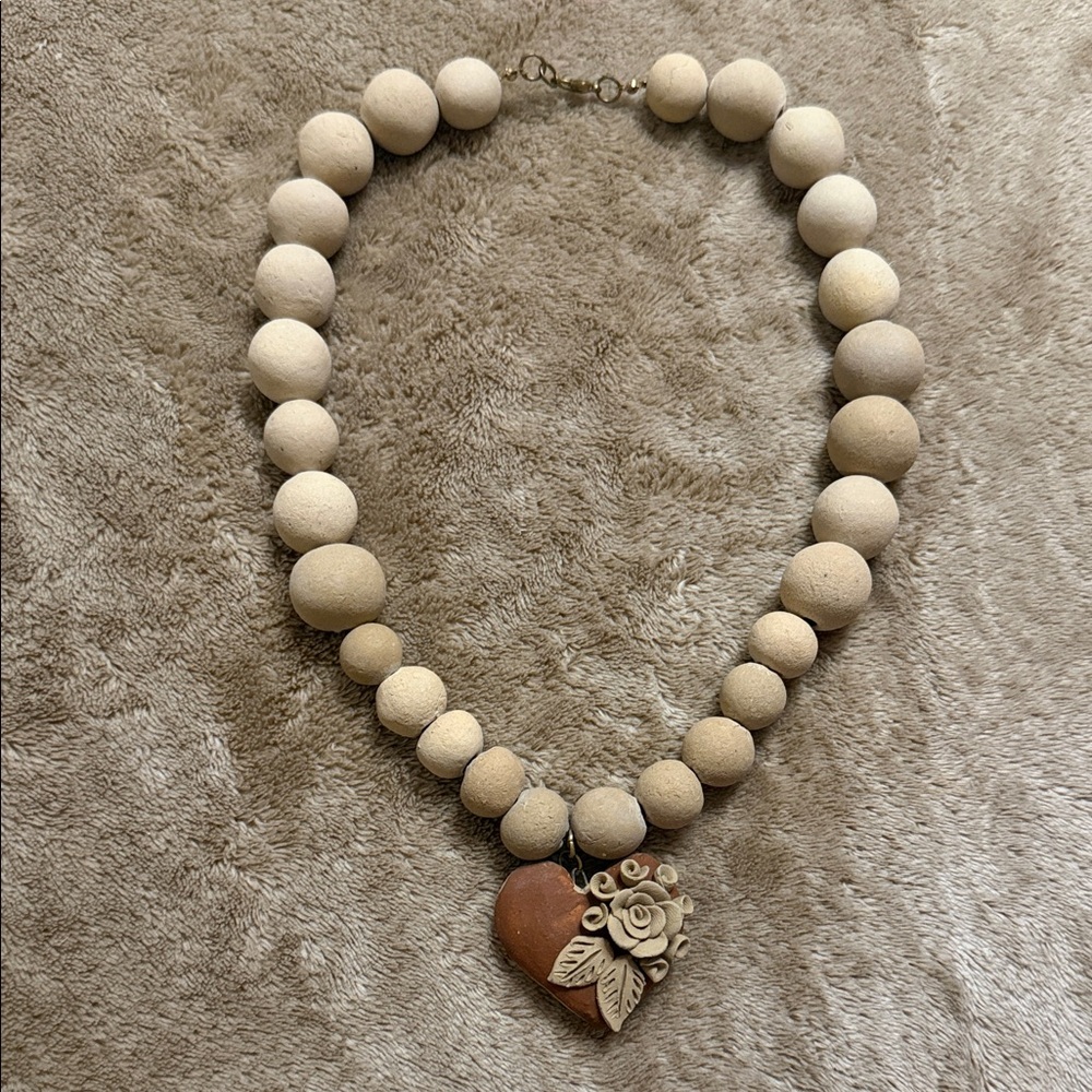 Elegant Tan Beaded Necklace with Heart Pendant